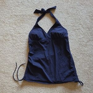 Lands' End Dark Blue Swim Tankini Halter Style Top Rouched Sides Sz 6 Classic
